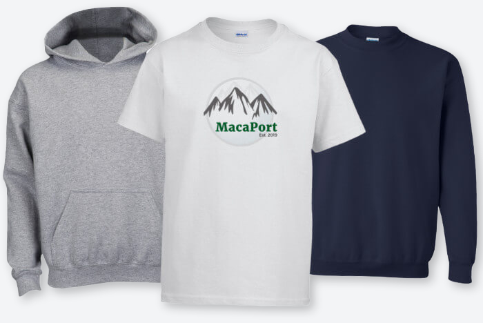 Hooded sweatshirt, t-shirt, and crewneck sweatshirt with Macaport logo