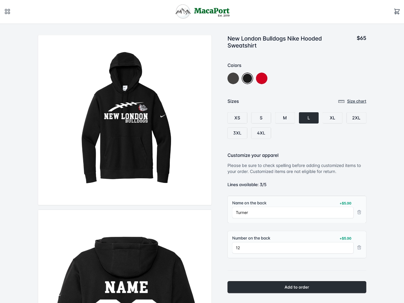 A team store product page for a New London Bulldogs Nike hooded sweatshirt, showing three color swatches, sizes XS through 4XL, and name and number fields filled in with Turner and 12