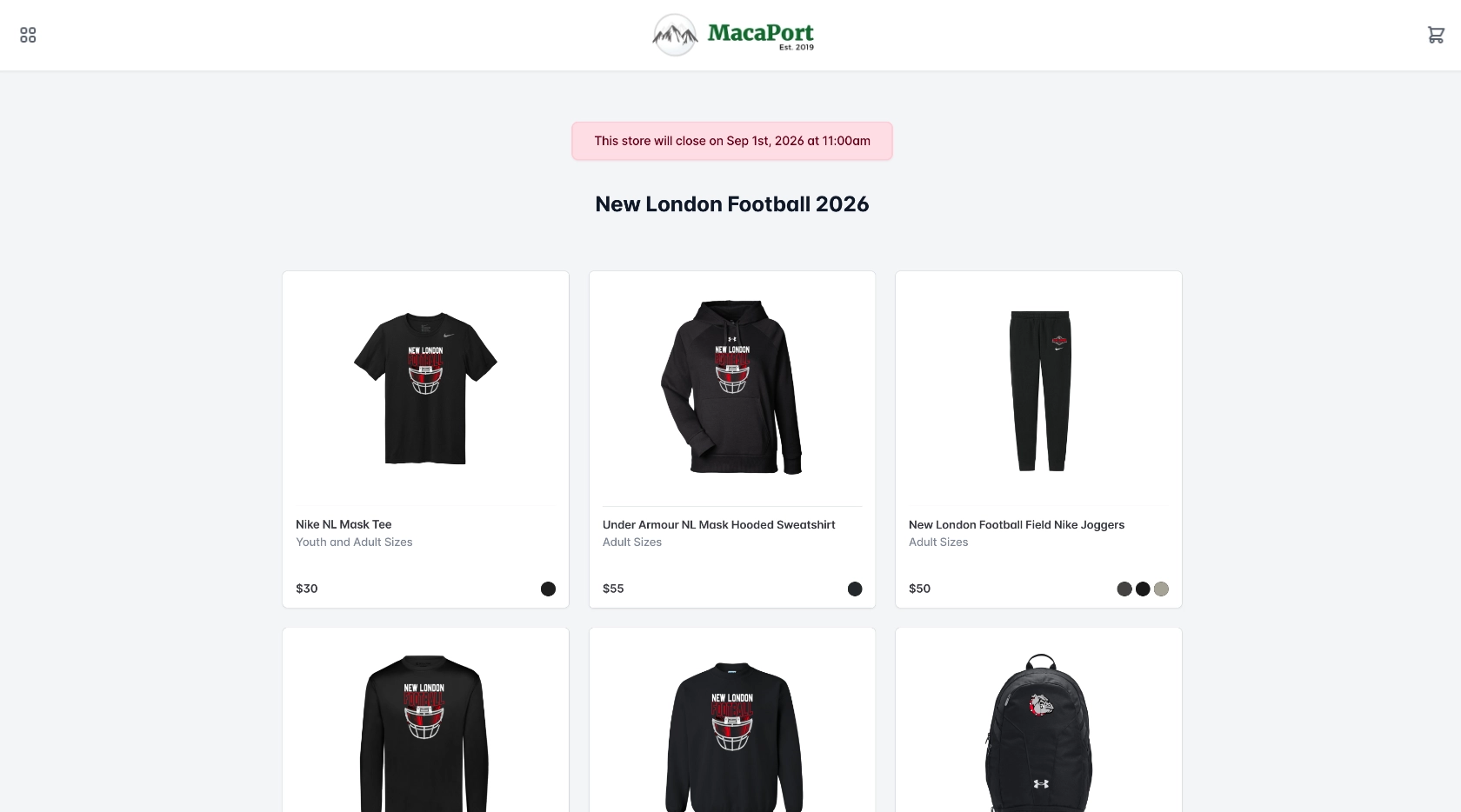 The New London Football 2026 team store, showing the date the store closes and six products with prices: a Nike tee, an Under Armour hooded sweatshirt, Nike joggers, a long sleeve, a crewneck, and a backpack